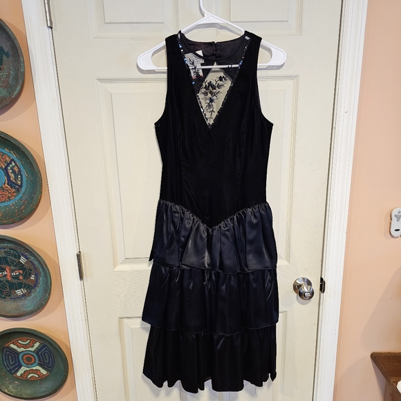 GUNNIE SAX Vintage Prom Party Tiered Dress Velvet Ruffle Mesh Floral Beadwork - Picture 5 of 12